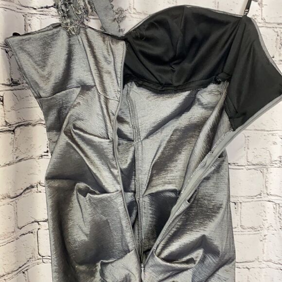 XSCAPE BY JOANNA CHEN Pewter Gray Ruched One Shoulder‎ Mermaid Prom Gown Dress 4 - Picture 10 of 15
